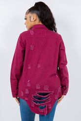 American Bazi Women's Distressed Denim Jacket - Button Up Long Sleeve